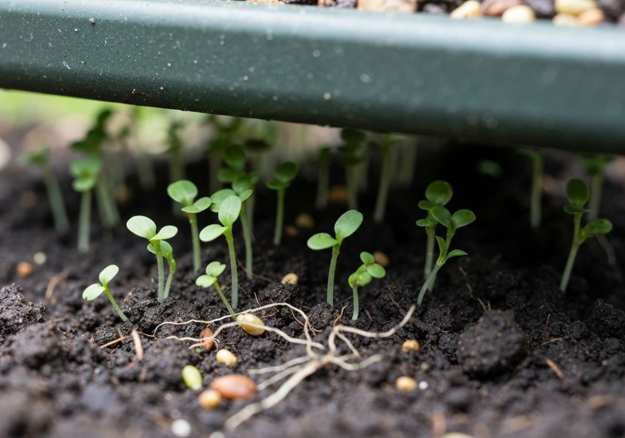 Close-up of fresh green seedlings sprouting from soil under a bird feeder edge.