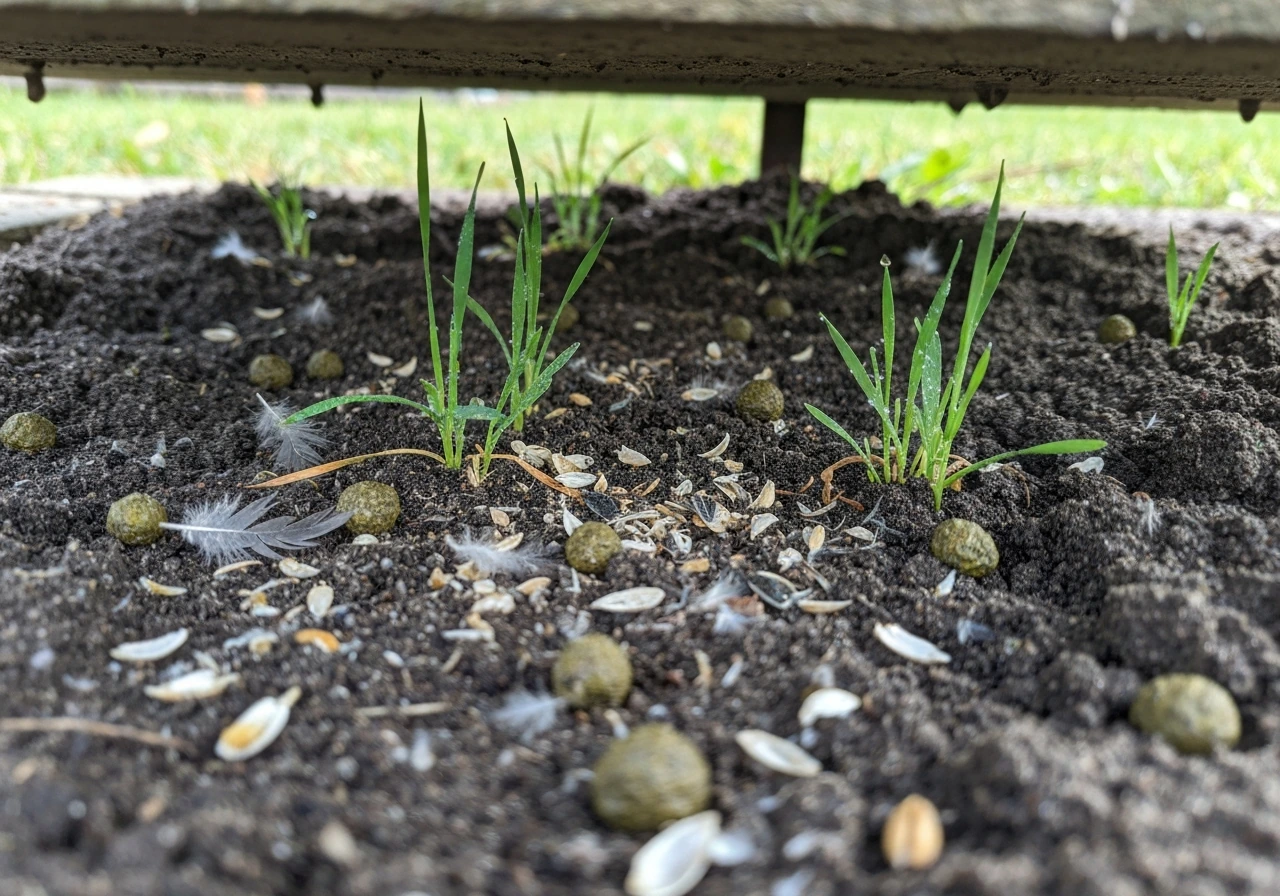 Close-up under a bird feeder showing spilled seed hulls, droppings, and fresh grass sprouts