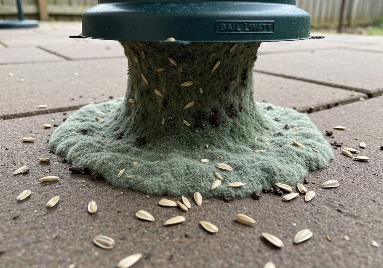 Thick fuzzy green-gray mold mat on the ground under a bird feeder in natural daylight.