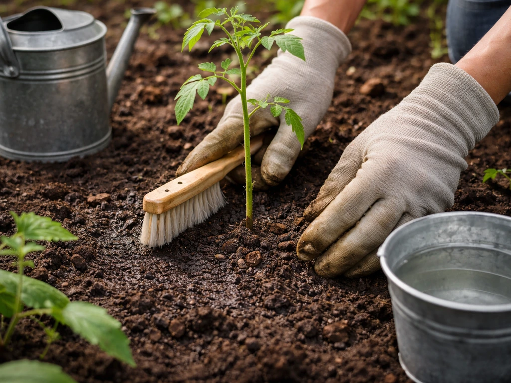 Gloved hands gently cleaning soil at a plant feeder base with a soft brush and water, no chemical spray.
