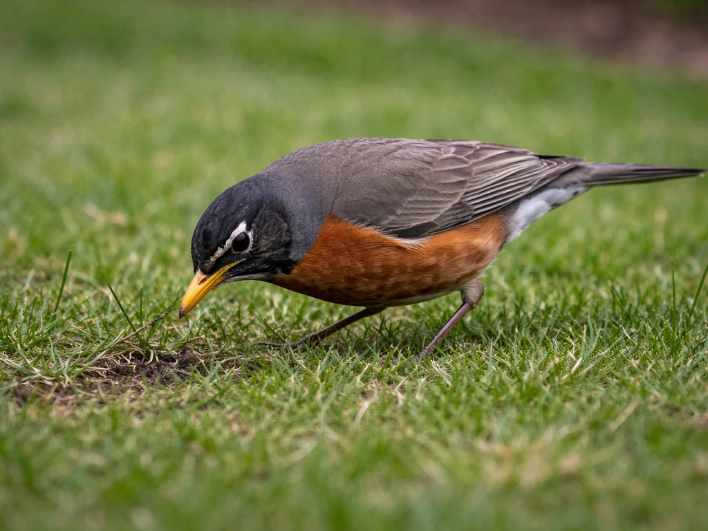 Wild robin foraging on grass with head tilted and beak near the ground.
