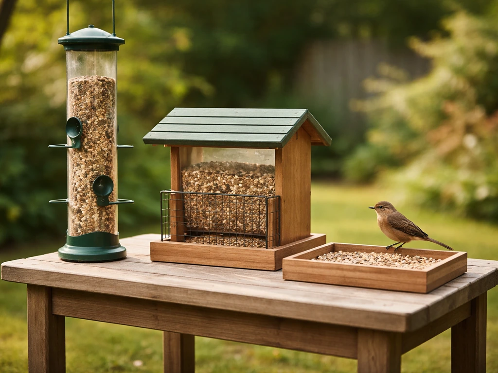 Photo of three different bird feeder designs, with a platform feeder showing open access for robins.