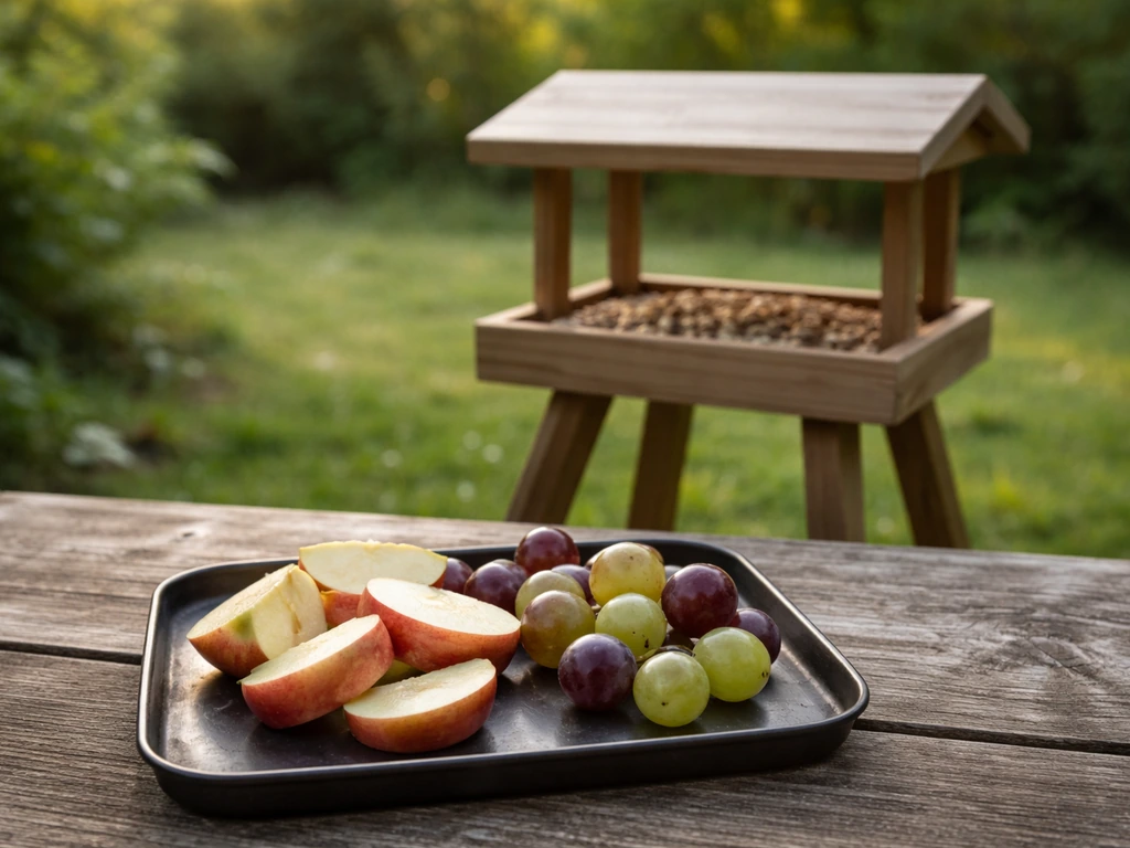 Robin-friendly bird food—apple slices and halved grapes—set by a simple platform feeder outdoors.