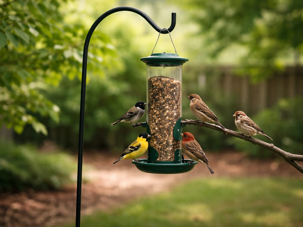A single backyard bird feeder in the foreground with a few small birds perched nearby