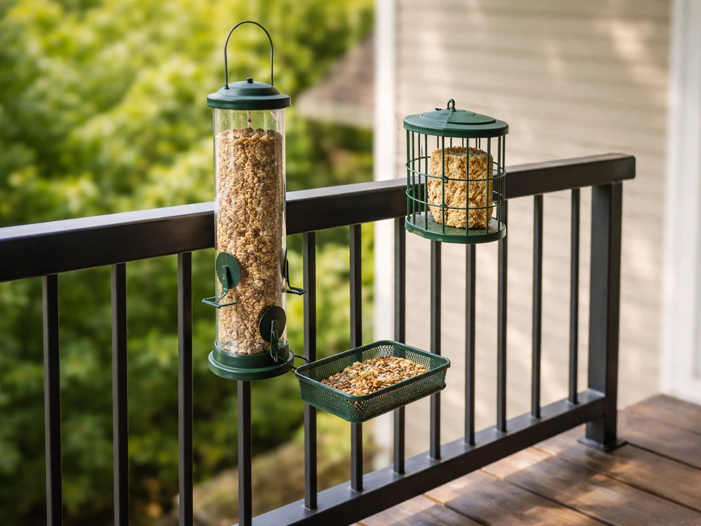 Small balcony starter setup with one to two bird feeders on a railing, showing clear scale
