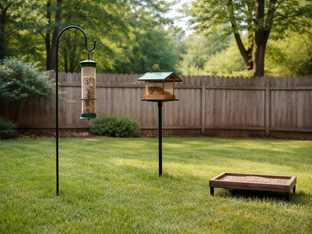 Spaced tube, hopper, and platform bird feeders in a quiet suburban yard with room to reduce crowding.