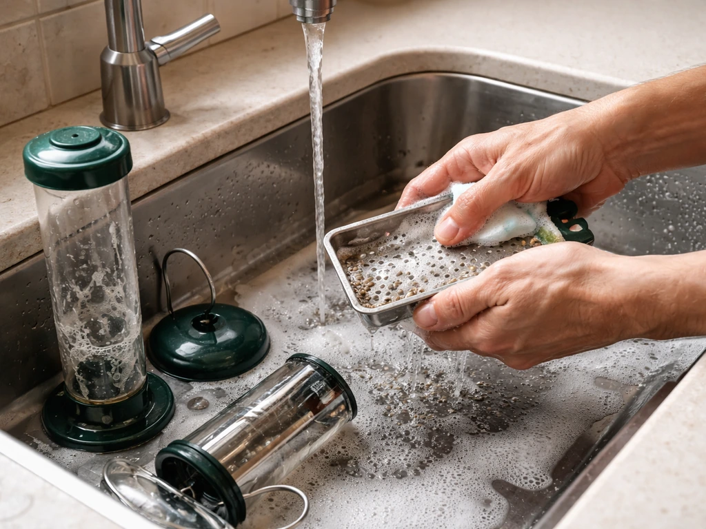 Hands scrubbing and rinsing bird feeder parts and a seed tray in a kitchen sink.