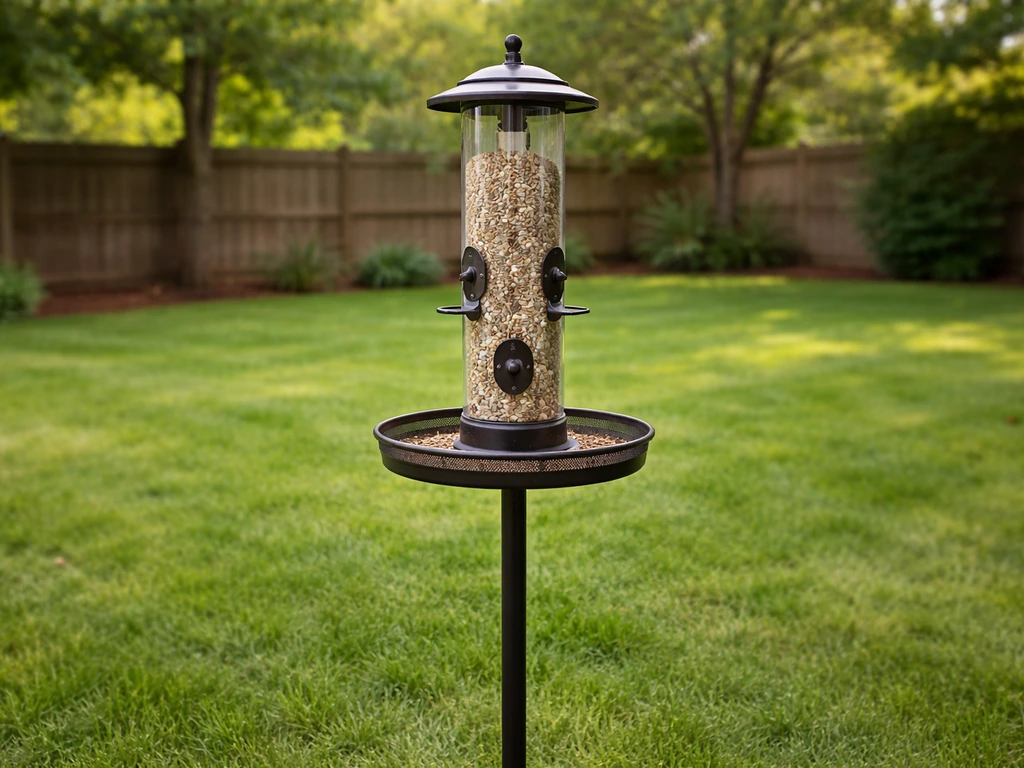 Backyard bird feeder on a pole with seed tray, clean yard with no spilled seed on the ground.