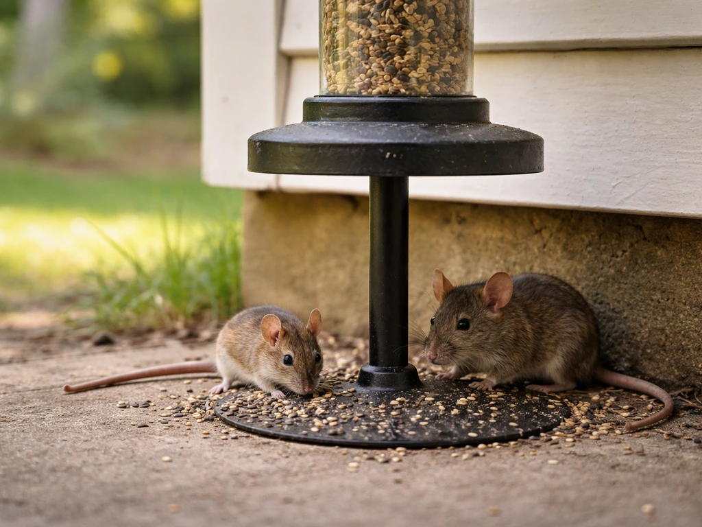 Mouse and small rat near a bird feeder, close to the pole base, on a quiet porch yard.