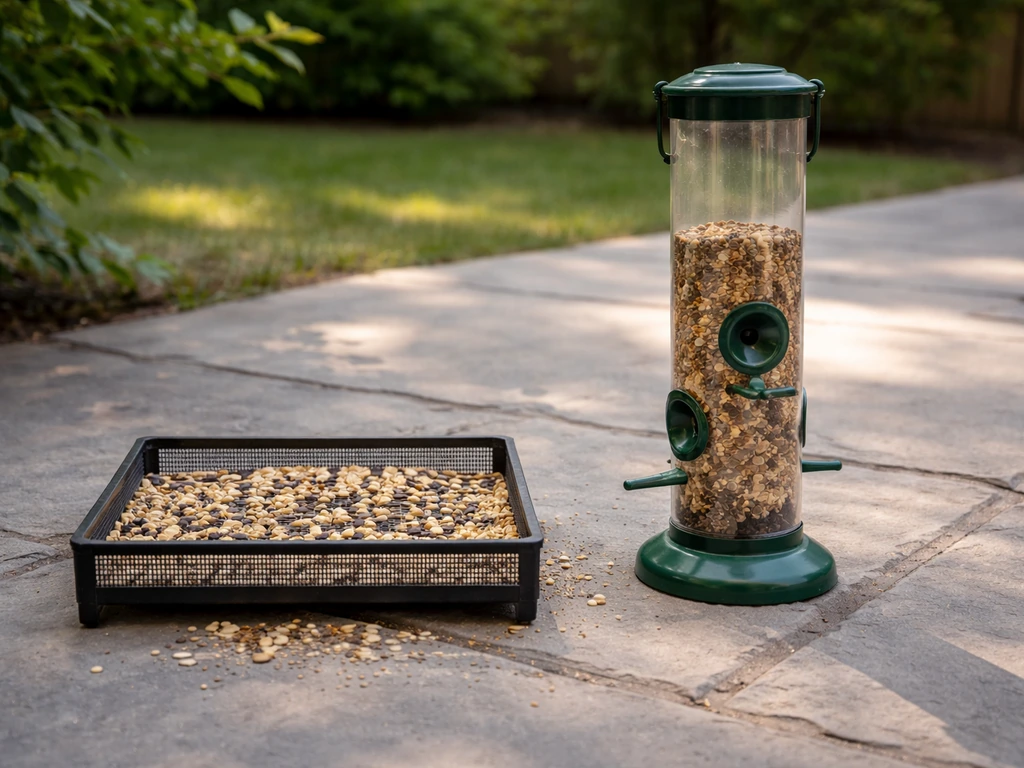 Tray feeder with exposed seeds beside a tube feeder with small ports on a backyard patio.