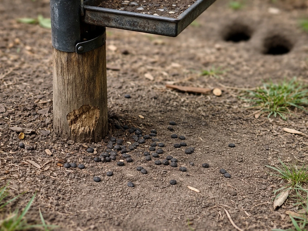 Close-up of a backyard bird feeder pole with fresh rodent droppings and gnawed wood near the base.