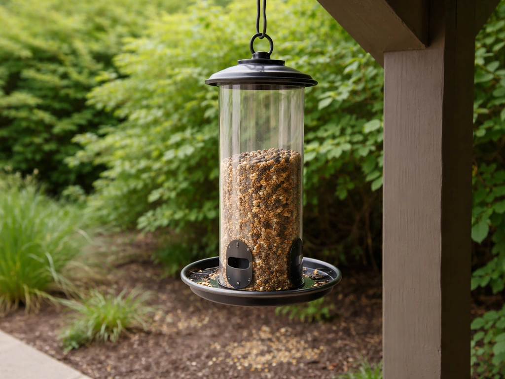 Bird feeder hanging near green shrubs with seeds on the ground, showing safe supplement use.