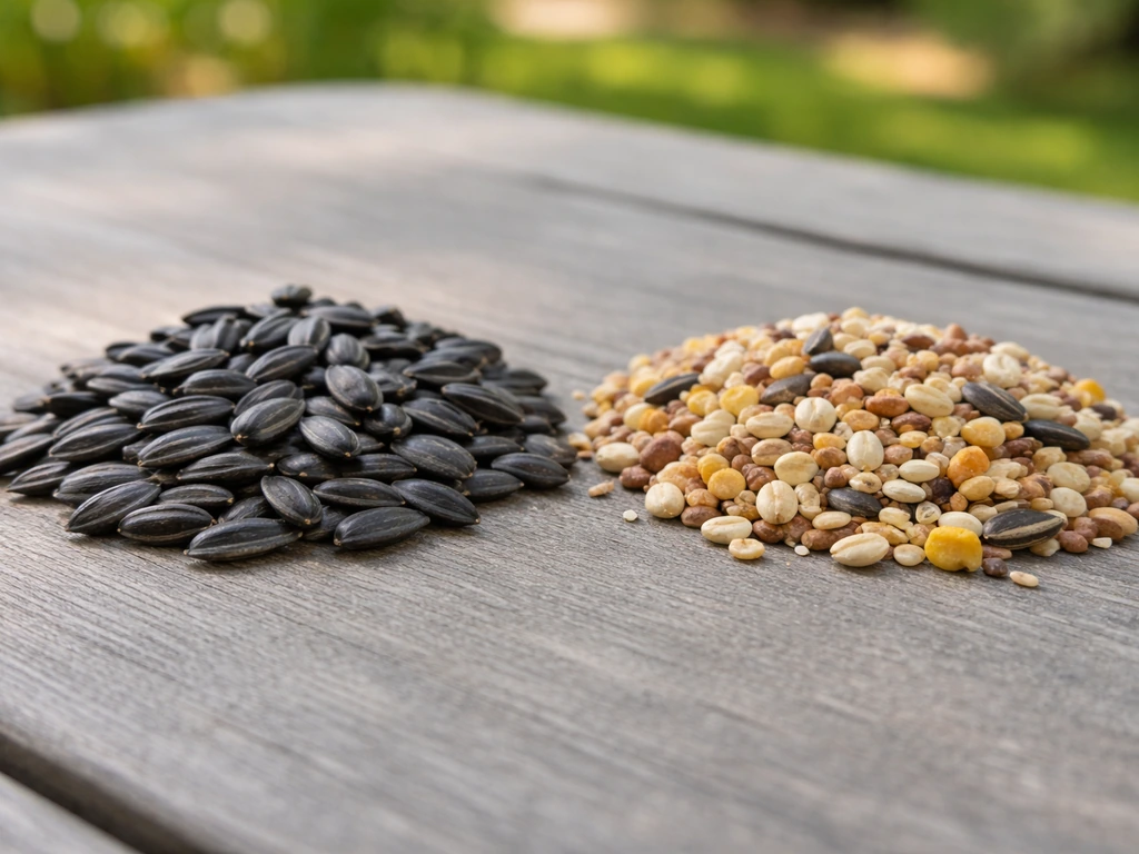 Close-up comparison of black oil sunflower seeds versus a mixed seed blend with fillers on a table.