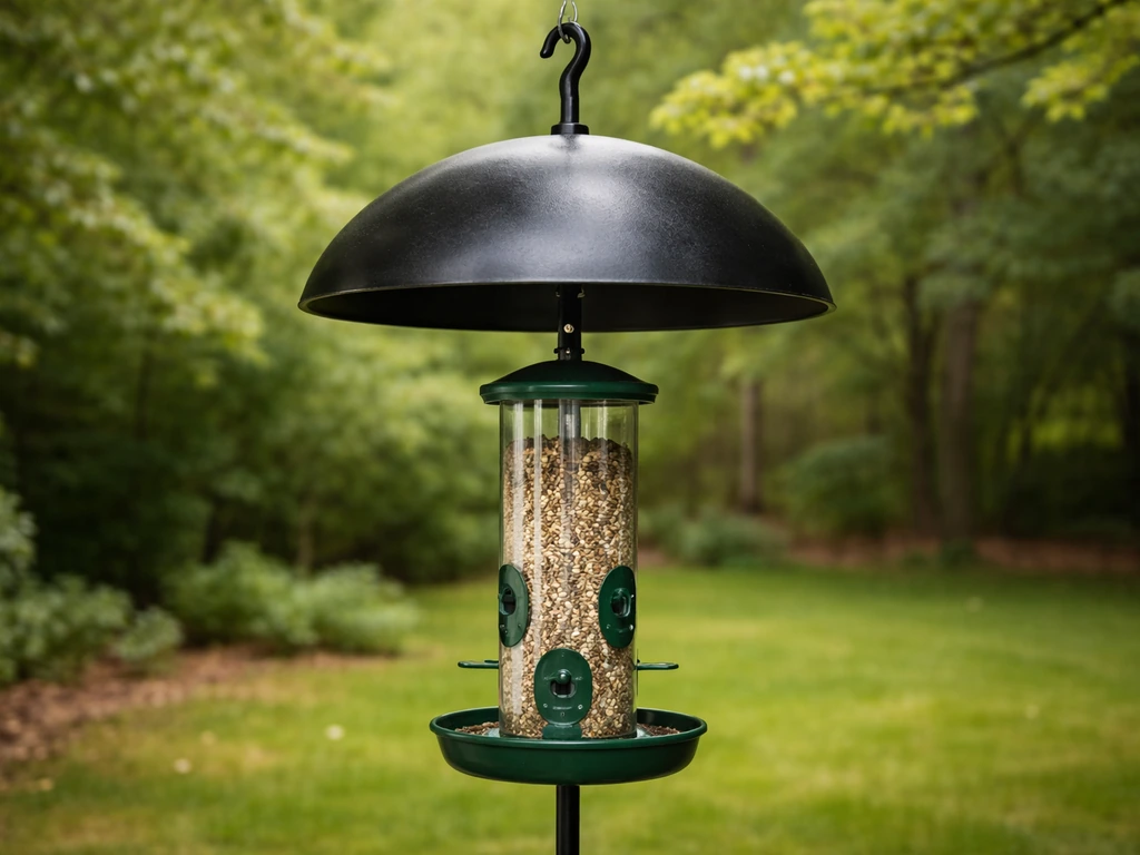 Pole-mounted bird feeder with a dome baffle designed to deter squirrels and pests.