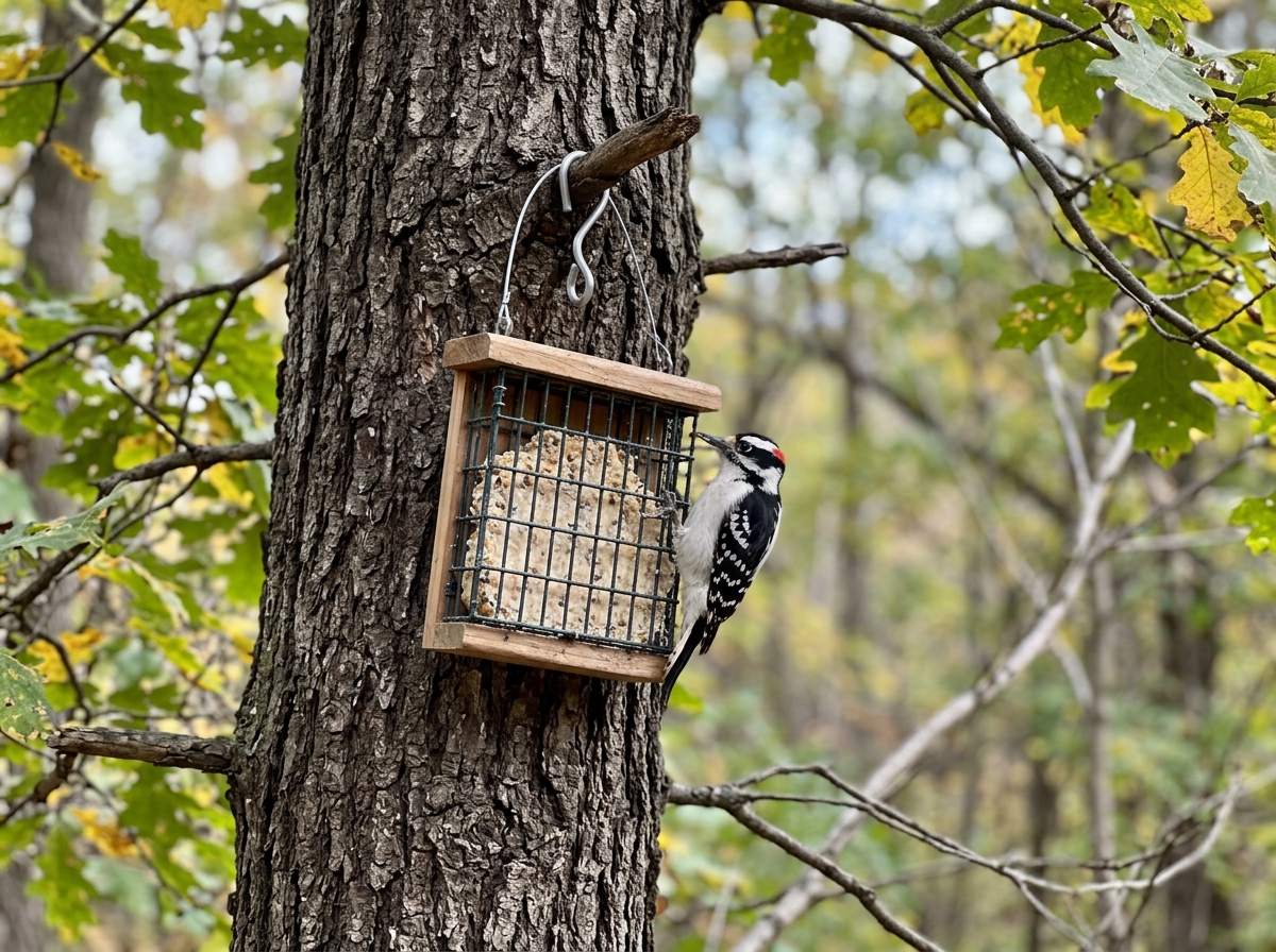 Woodpecker-friendly suet feeder placement on a tree trunk with clear approach space.