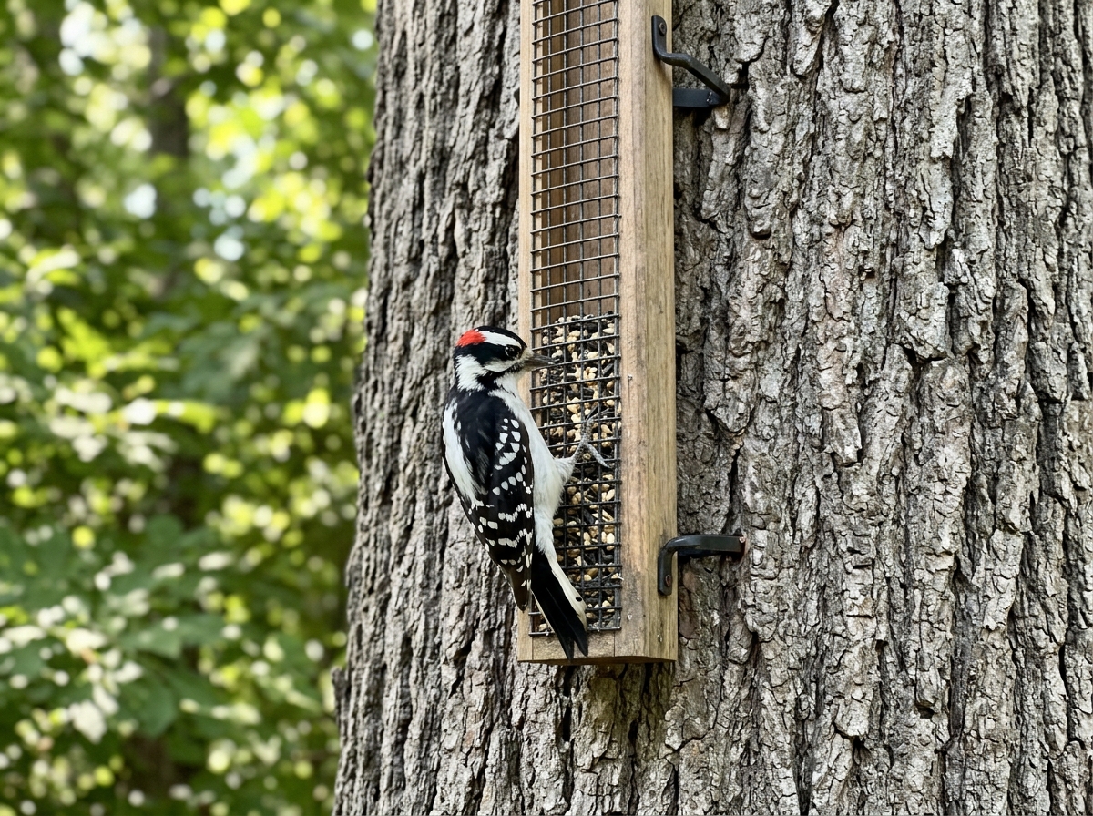 Woodpecker clinging on a suet feeder mounted vertically on a tree trunk.