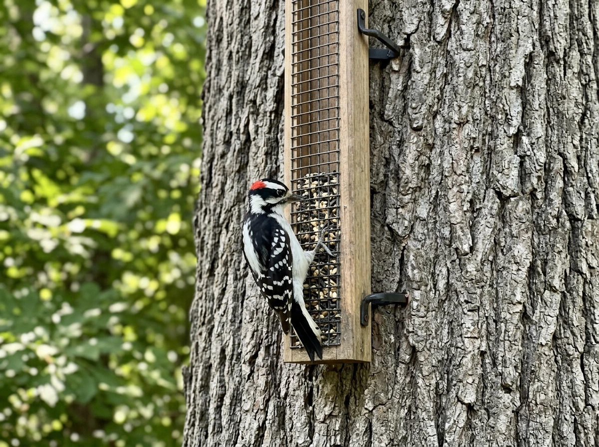 Woodpecker clinging on a suet feeder mounted vertically on a tree trunk.