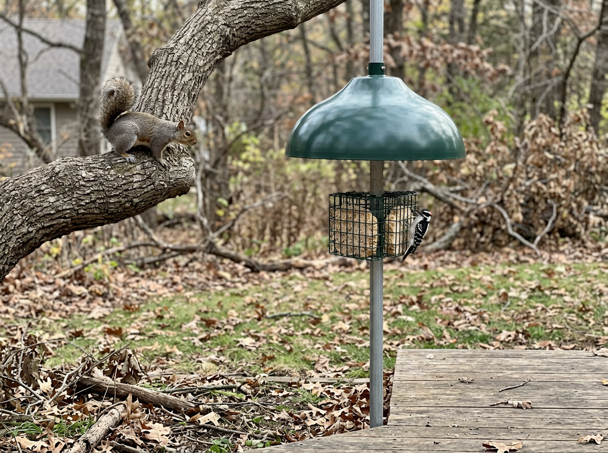 Squirrel baffle on a suet feeder pole preventing access from nearby surfaces.