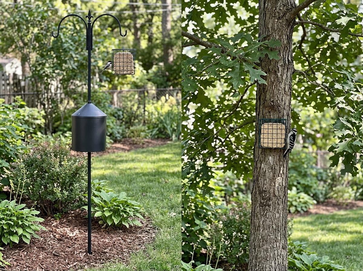 Side-by-side view of two suet feeder placement options: baffle pole and tree-mounted feeder.