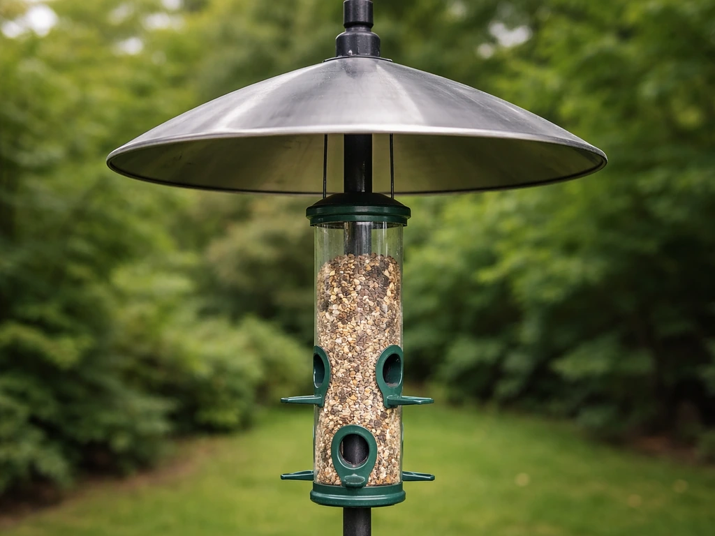 Closeup of a pole-mounted tube feeder with a metal baffle above it against blurred greenery.
