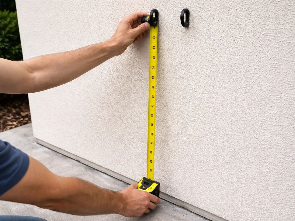 Person measuring from the ground with a tape measure to set a hanging height near a wall mount