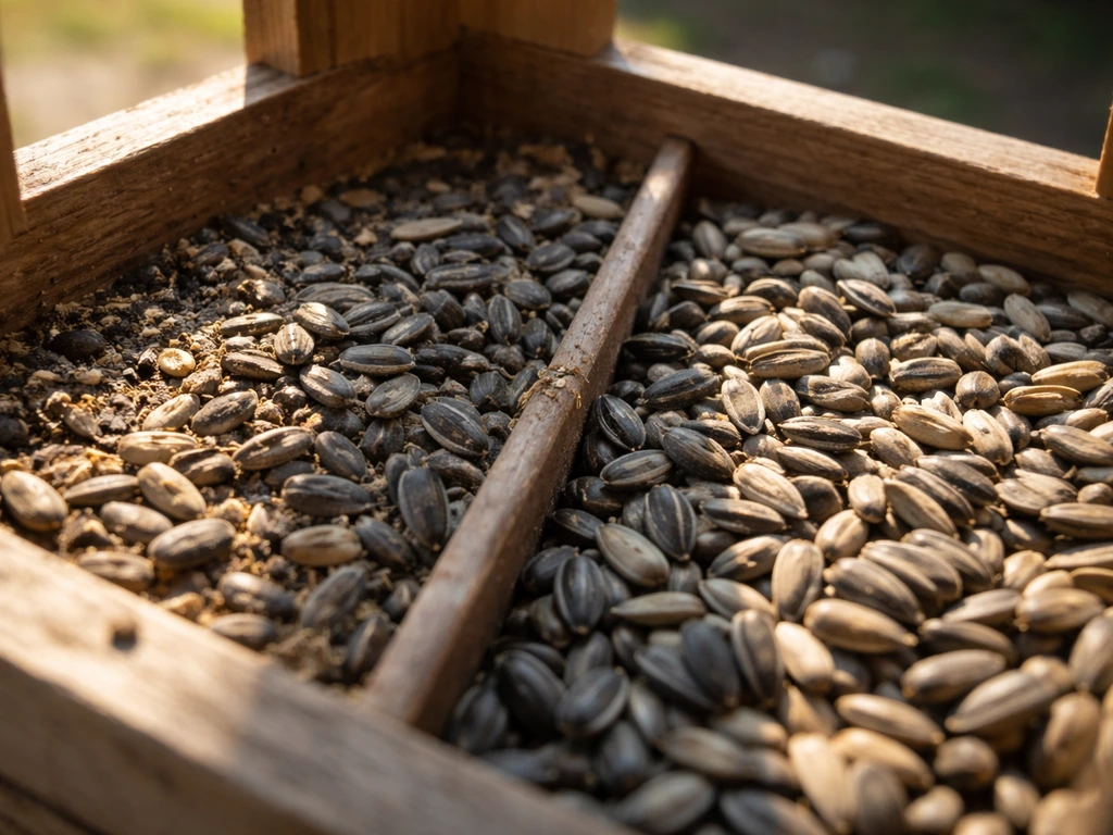Close-up of sun-warmed, dry seed in a feeder beside fresher seed in partial shade.