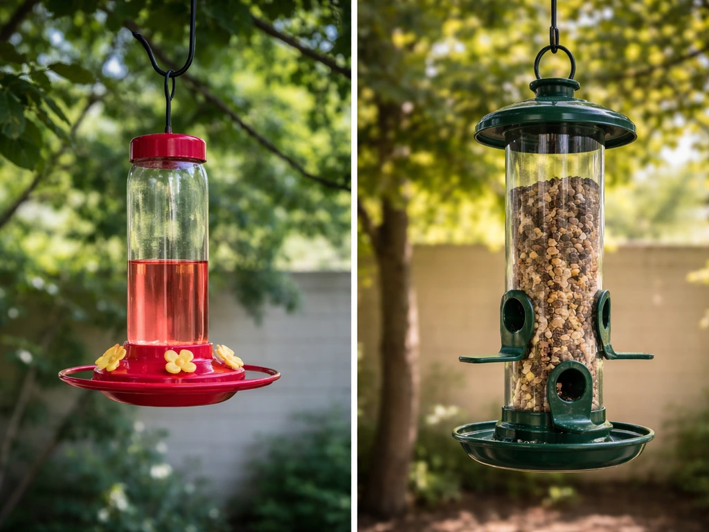 Two bird feeders side by side: one under tree shade, one in brighter light, showing different conditions.