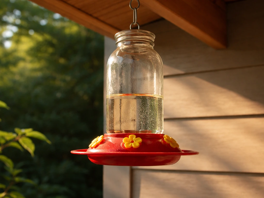 Hummingbird nectar feeder hanging in partial sun, with morning light and afternoon shade on the bottle.