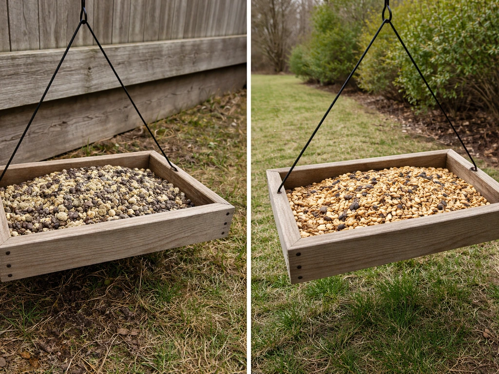Two small bird-feeder setups side-by-side: one seed clumped and damp, the other with dry seed in better airflow