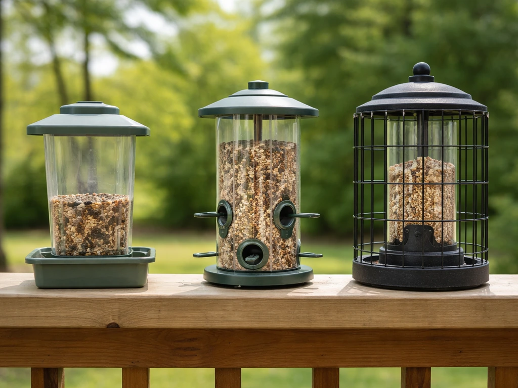 Three bird feeders side-by-side: basic plastic, mid-range mixed-material, and premium squirrel-resistant feeder.