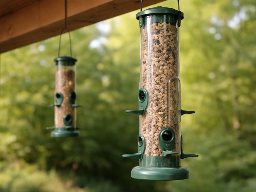 Two hanging multi-port plastic tube bird feeders on a porch beam, ports clearly visible.