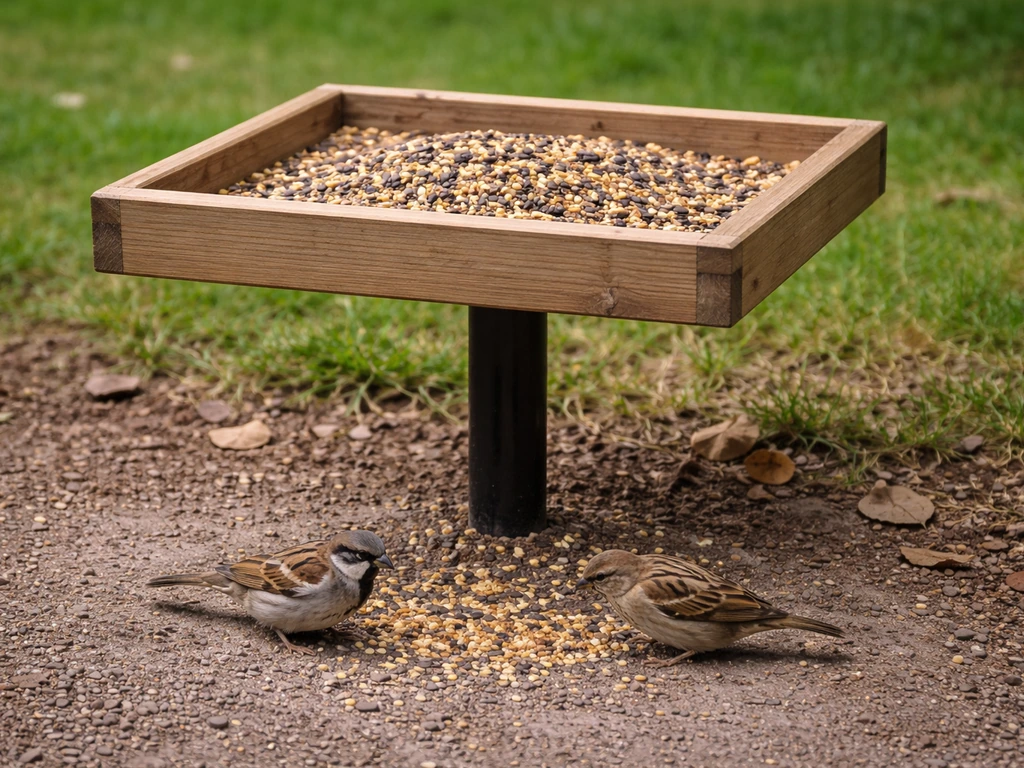 Post-mounted open seed platform feeder with ground-feeding birds on dirt near the visible tray