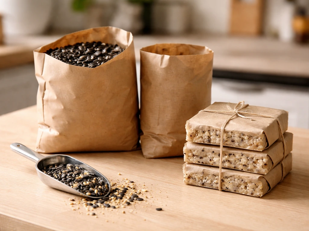 Seed bags and stacked suet cakes on a clean tabletop, arranged to suggest recurring monthly bird-feeding costs.