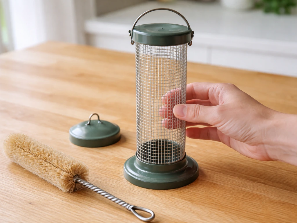 Hand holding a clean empty bird feeder with a lint-free brush on a table, ready to refill.