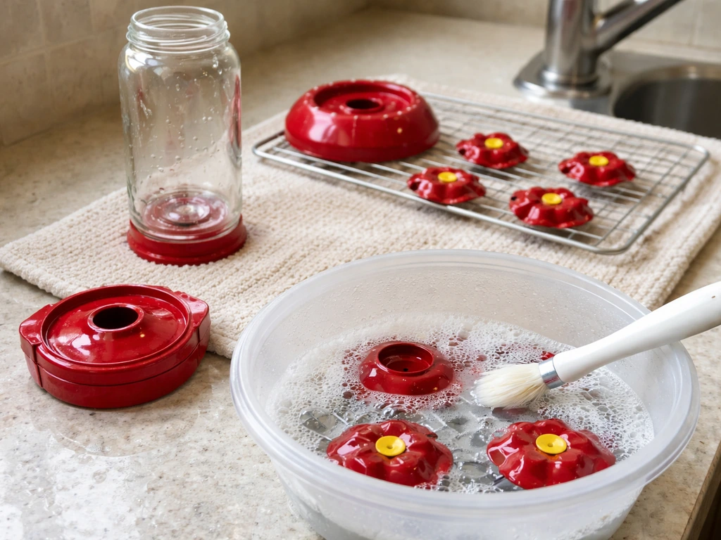 Disassembled hummingbird feeder parts soaking and washing near a sink, drying on a simple rack