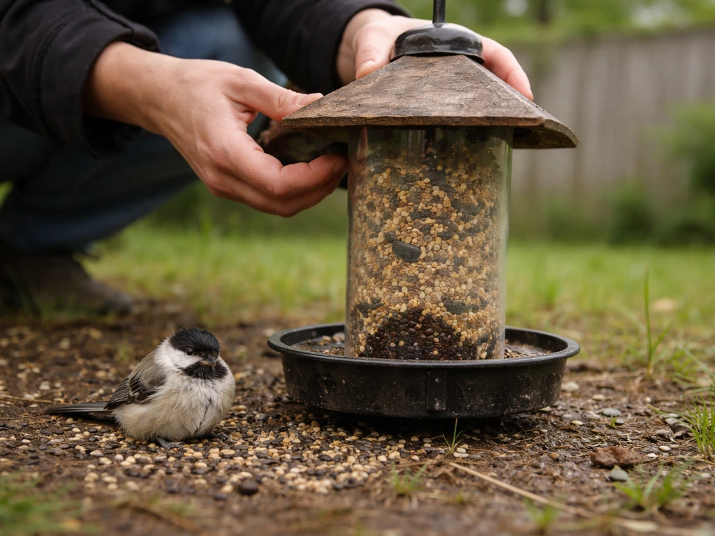 Caretaker removing a bird feeder as a fluffed, lethargic small bird shows signs near the feeder