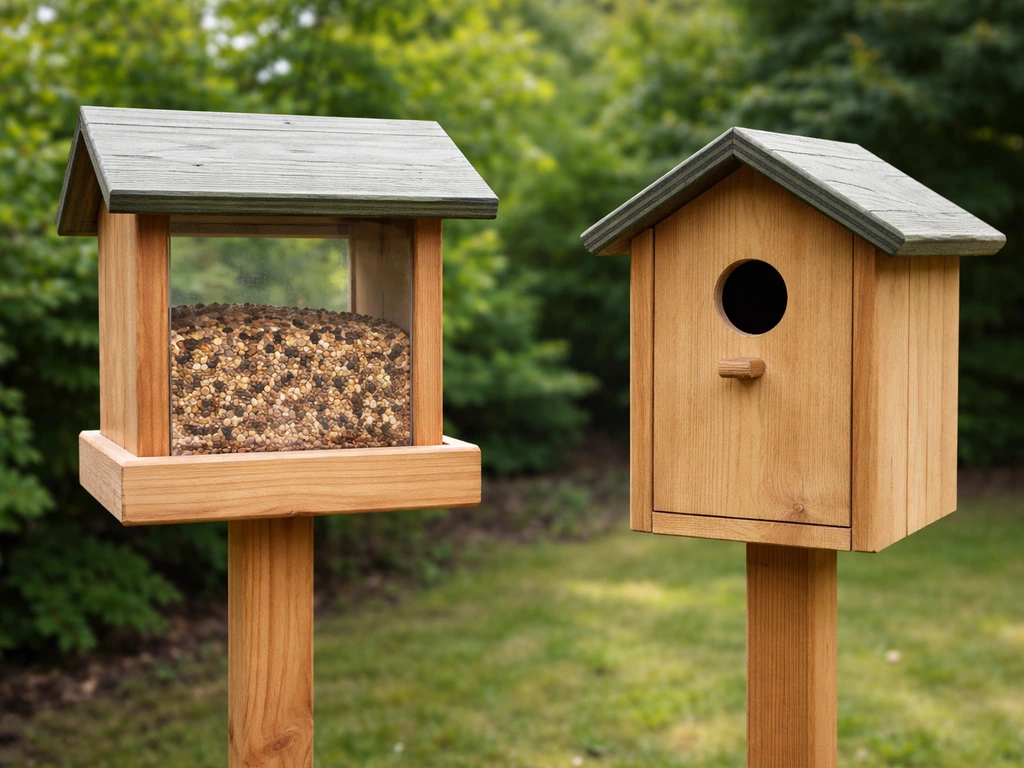 Bird seed visible in a bird feeder beside an empty birdhouse/nest box entrance.