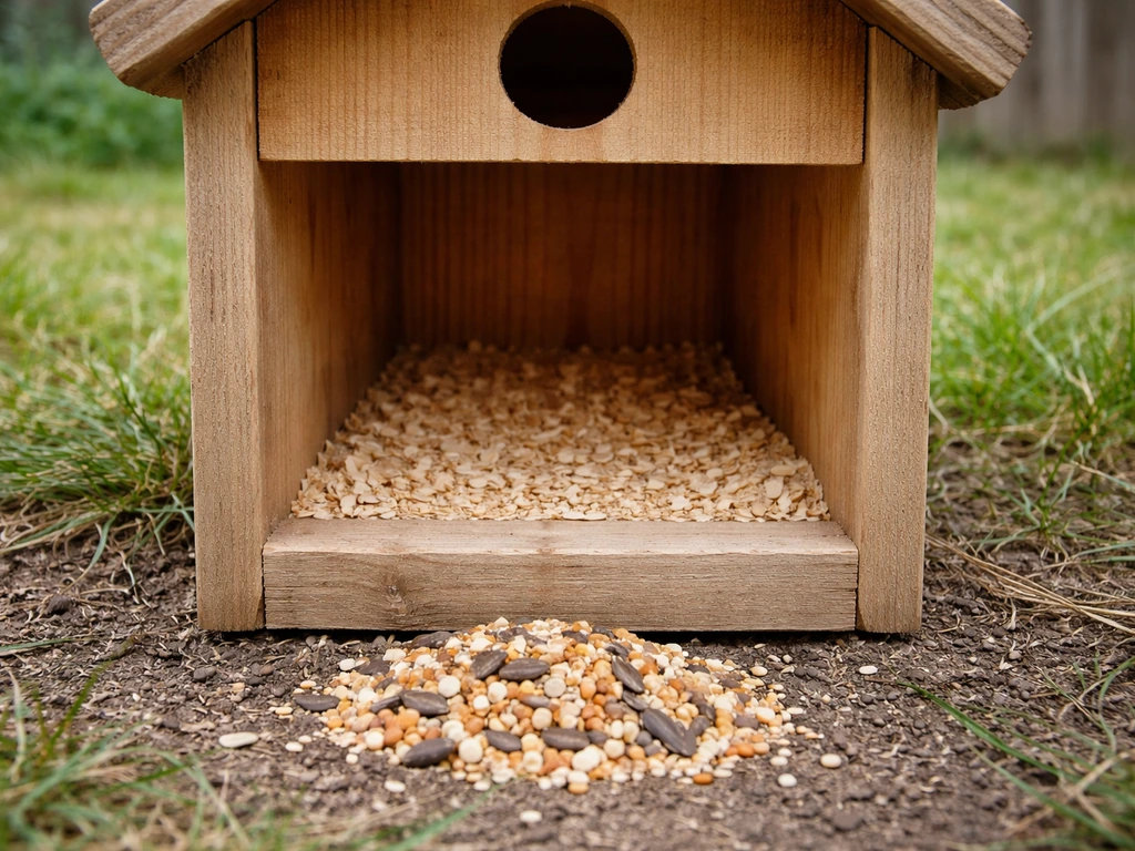 Empty nest box birdhouse interior with visible wood, no seed inside.