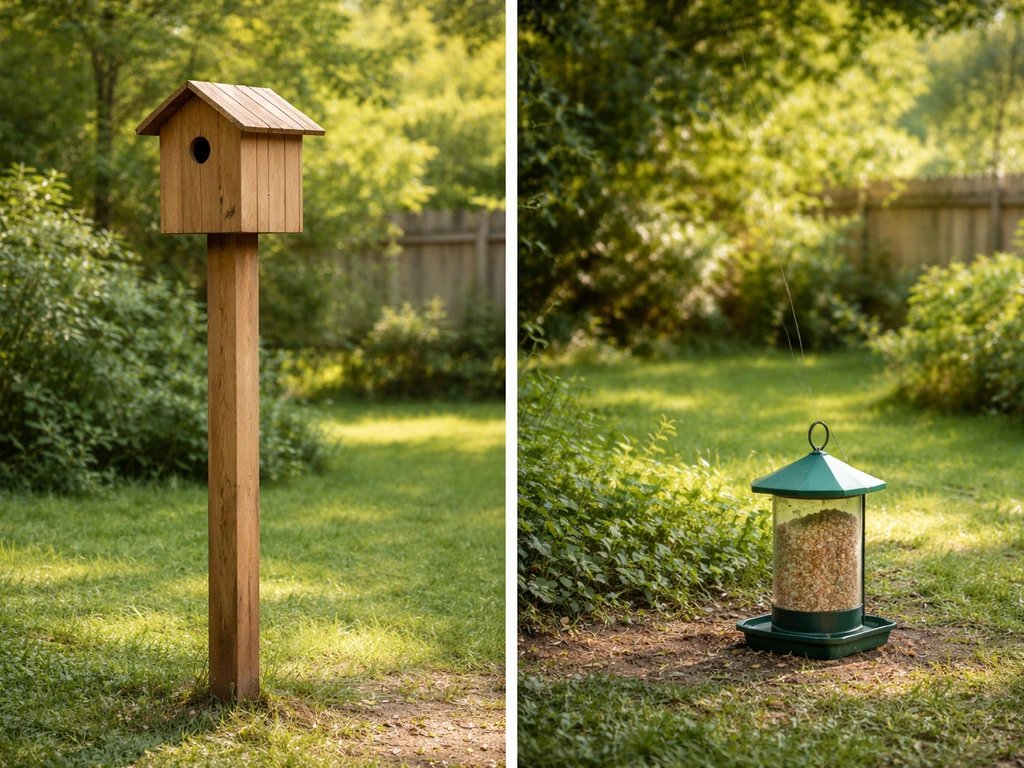 Split view of a correctly mounted bird nest box and an improperly placed, exposed feeder outdoors.