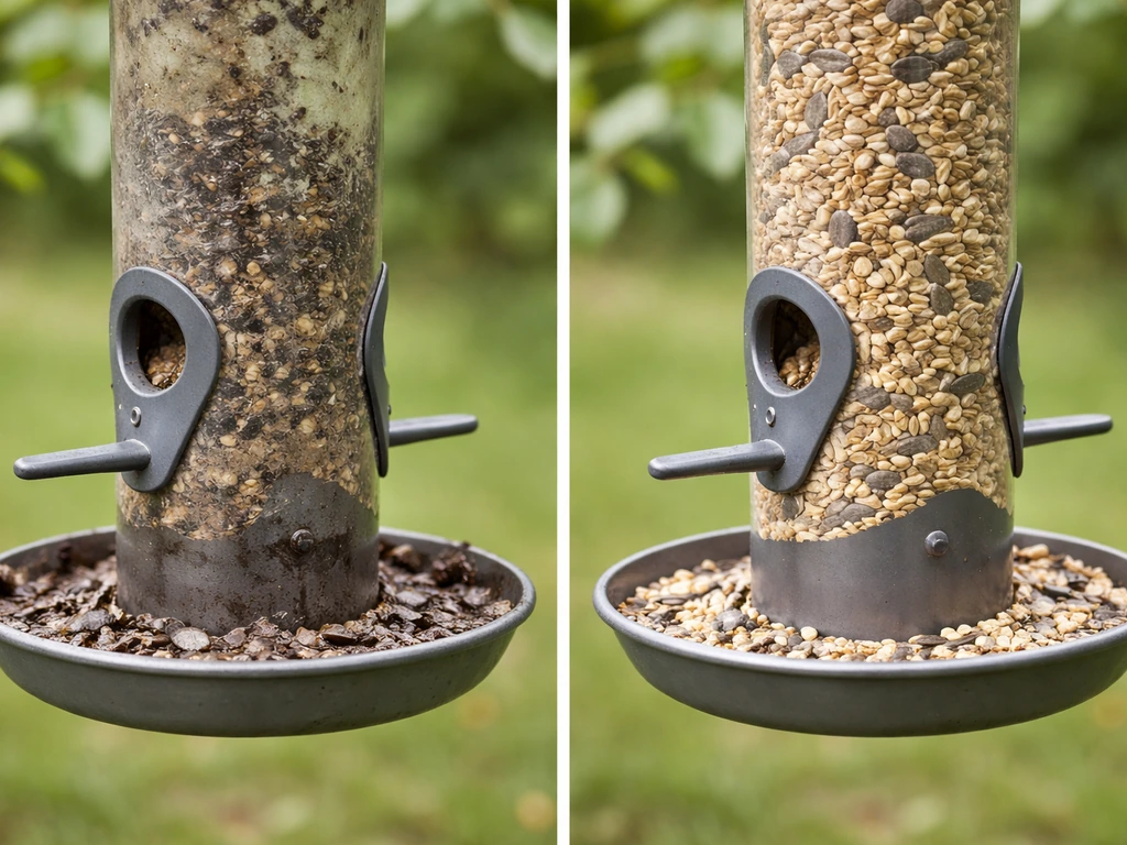 Backyard bird feeder with dirty wet seed area, beside a freshly cleaned dry feeder in soft daylight