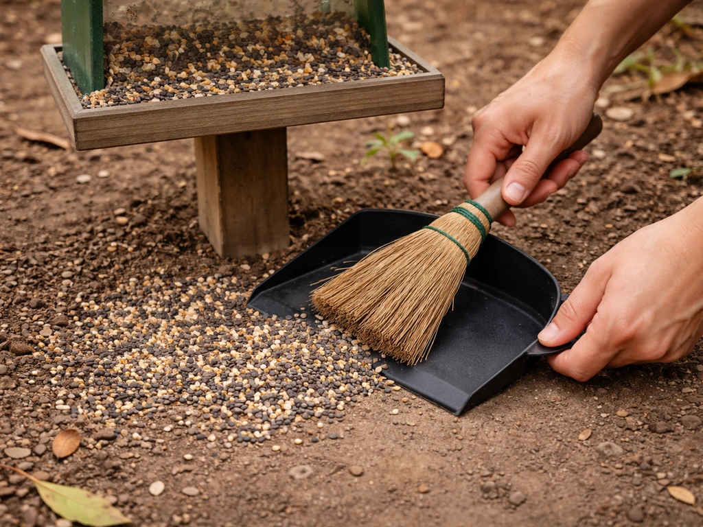 Worker sweeping seed hulls and spilled birdseed from under a feeder onto the ground