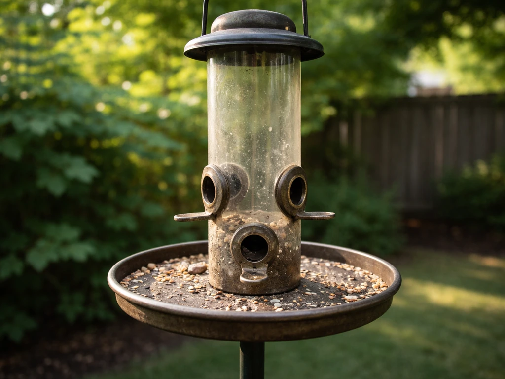 Quiet bird feeder on a backyard stand with fresh seed, no birds in sight, natural outdoor light.