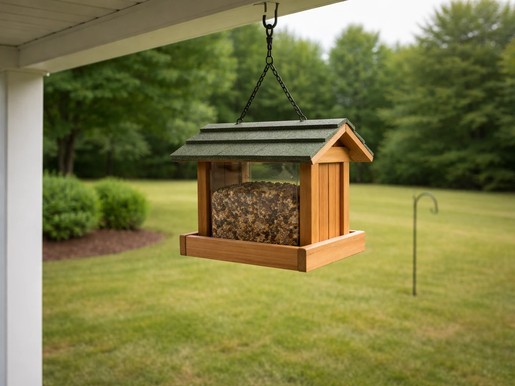 Bird feeder hung in a clear yard space, positioned away from dense shrubs and unsafe perches