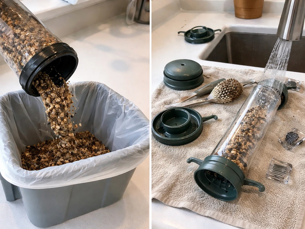 Bird feeder parts on a kitchen counter as wet, clumped seed is being removed and components rinsed.