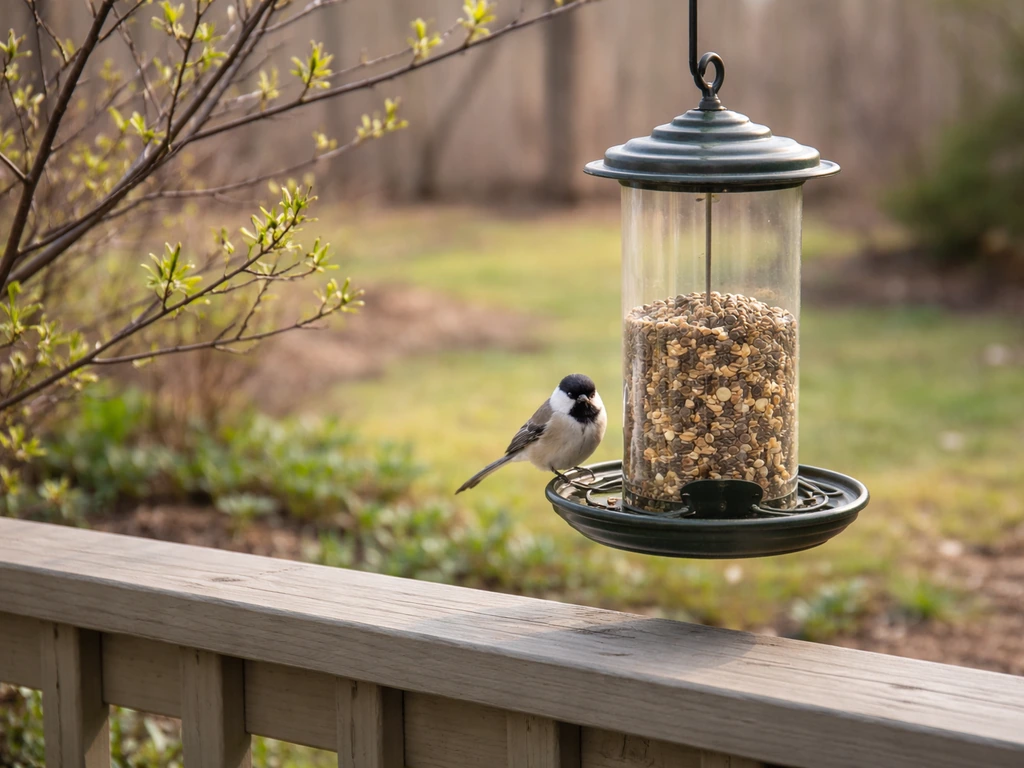 Spring backyard with a bird feeder near fresh buds and new ground cover, a small bird perched.
