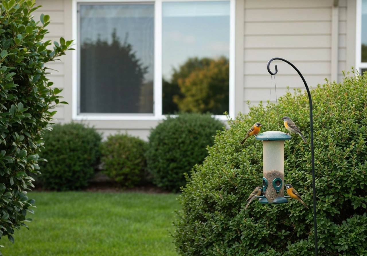 Hopper bird feeder near shrubs with small birds feeding and a house window safely in the background.
