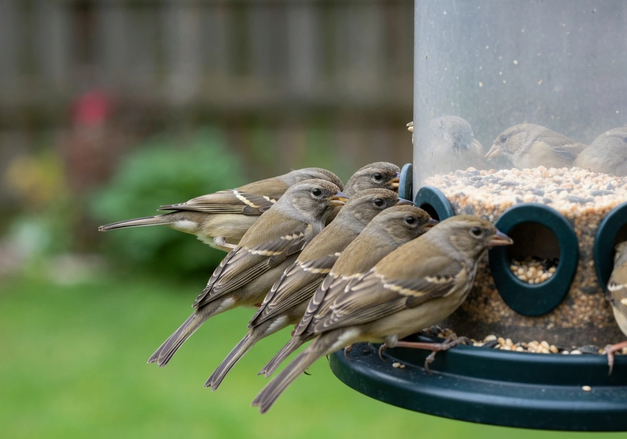 Crowded small wild birds tightly packed at a backyard feeder, seeds and feeder filling the frame.