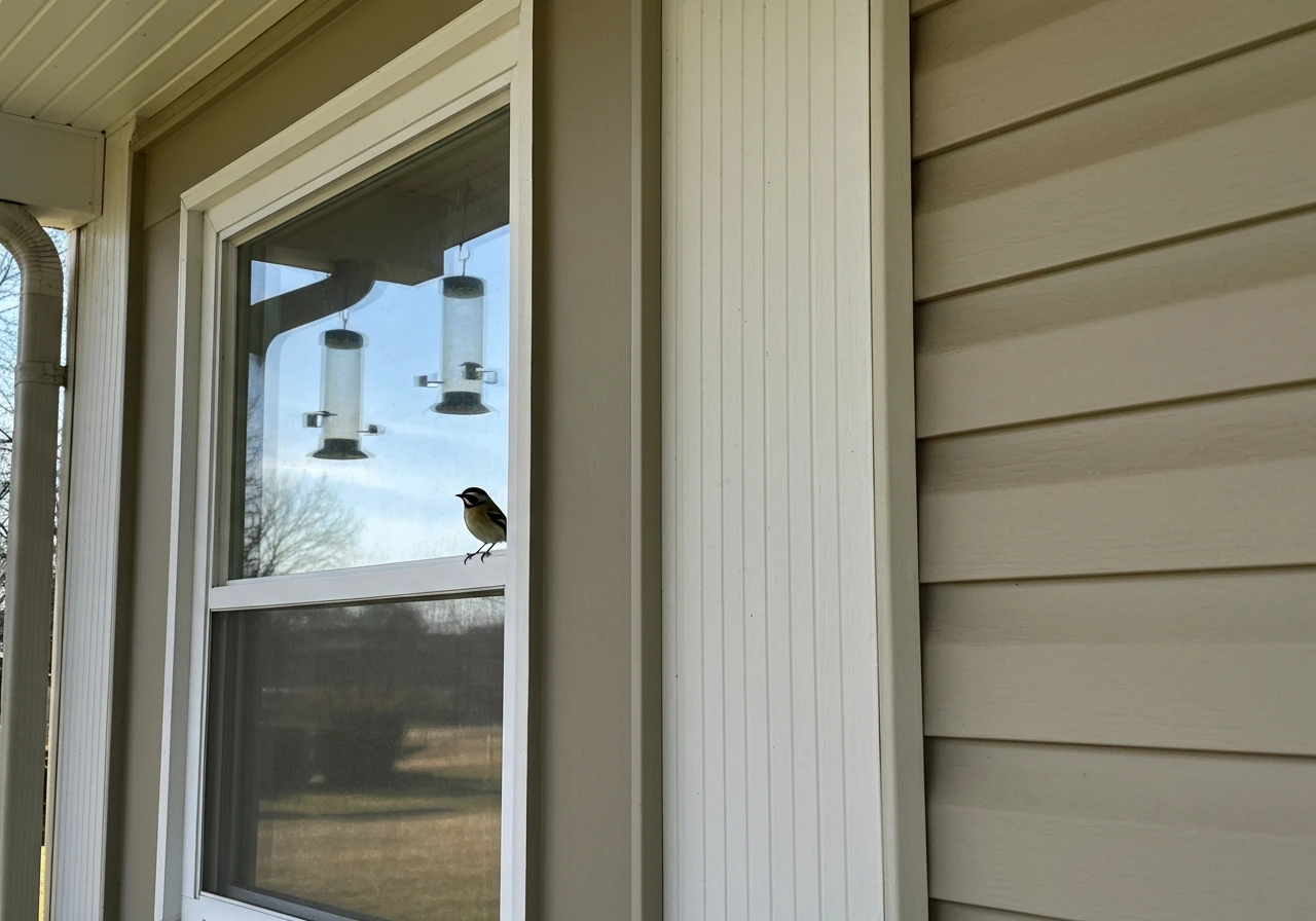 Small bird near a window, with reflection suggesting it may mistake glass for open space.