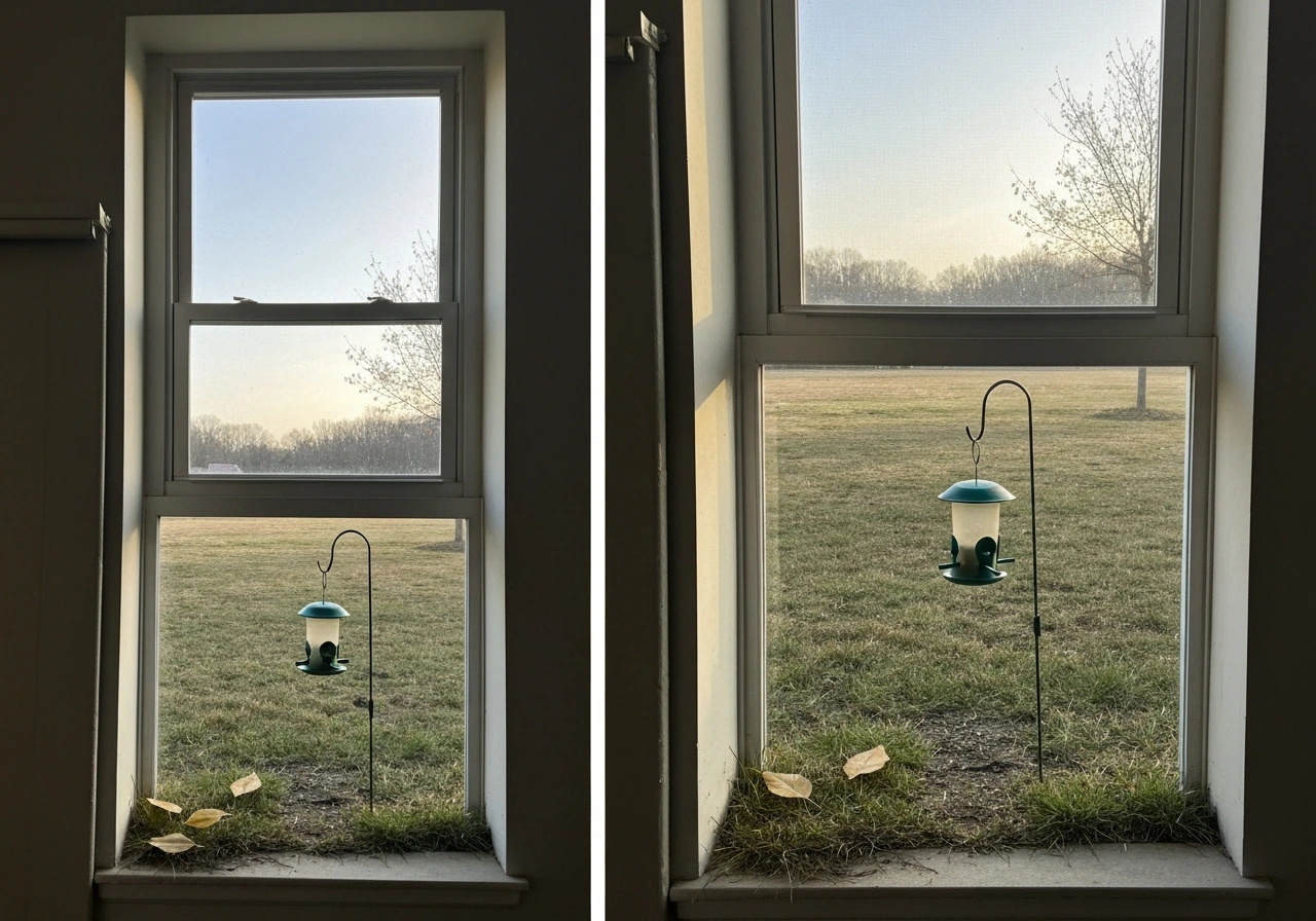 Bird feeder placed near a window at safe distance, with a second farther placement shown side-by-side.