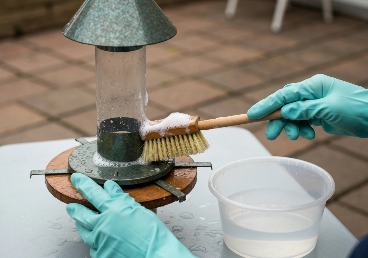 Gloved hands scrubbing a bird feeder with a brush beside a bowl of disinfecting solution.